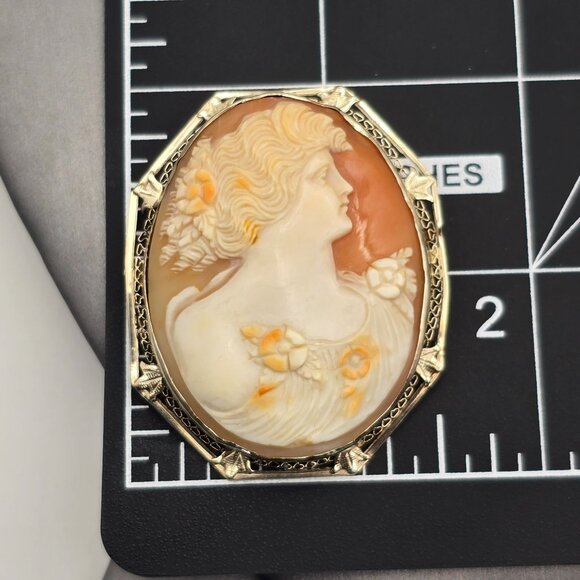 Antique 14K White Gold Cameo Brooch/Pendant 2" Filigree Frame 13.72g 44x36mm - Picture 16 of 16